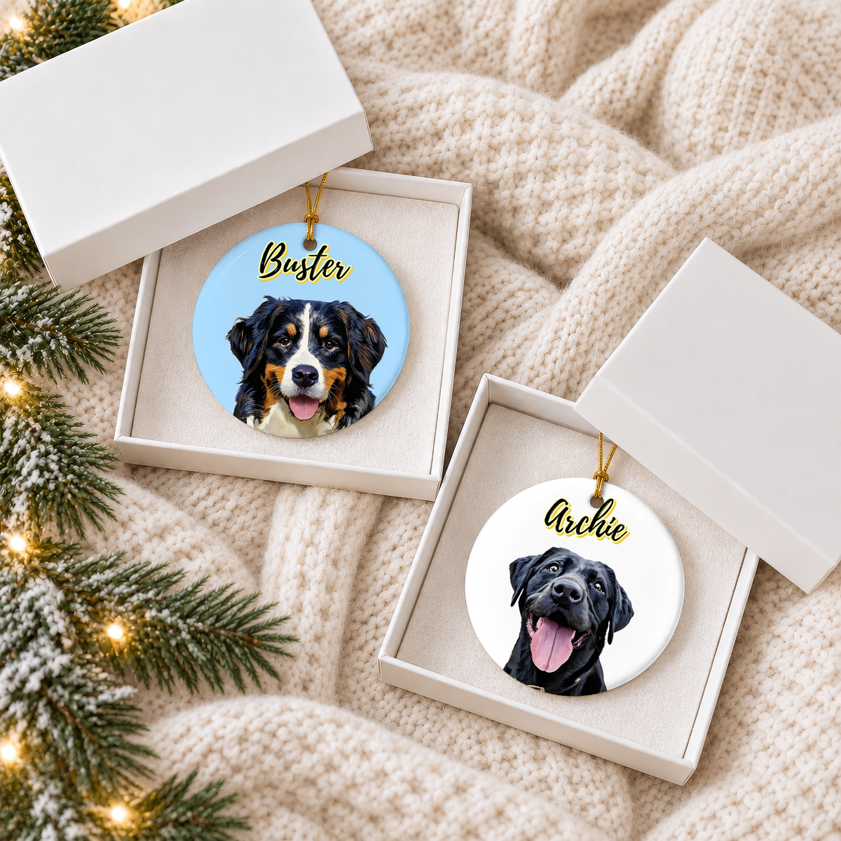 Custom Oil-Paint Effect Pet Portrait Ceramic Ornament | Personalised Dog & Cat Christmas Tree Decoration