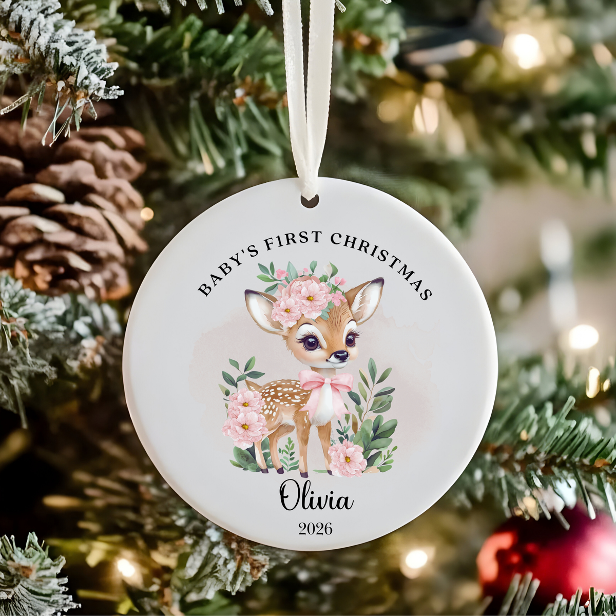 Personalised "Baby's First Christmas" Floral Deer Ceramic Ornament | Custom Baby Keepsake Gift