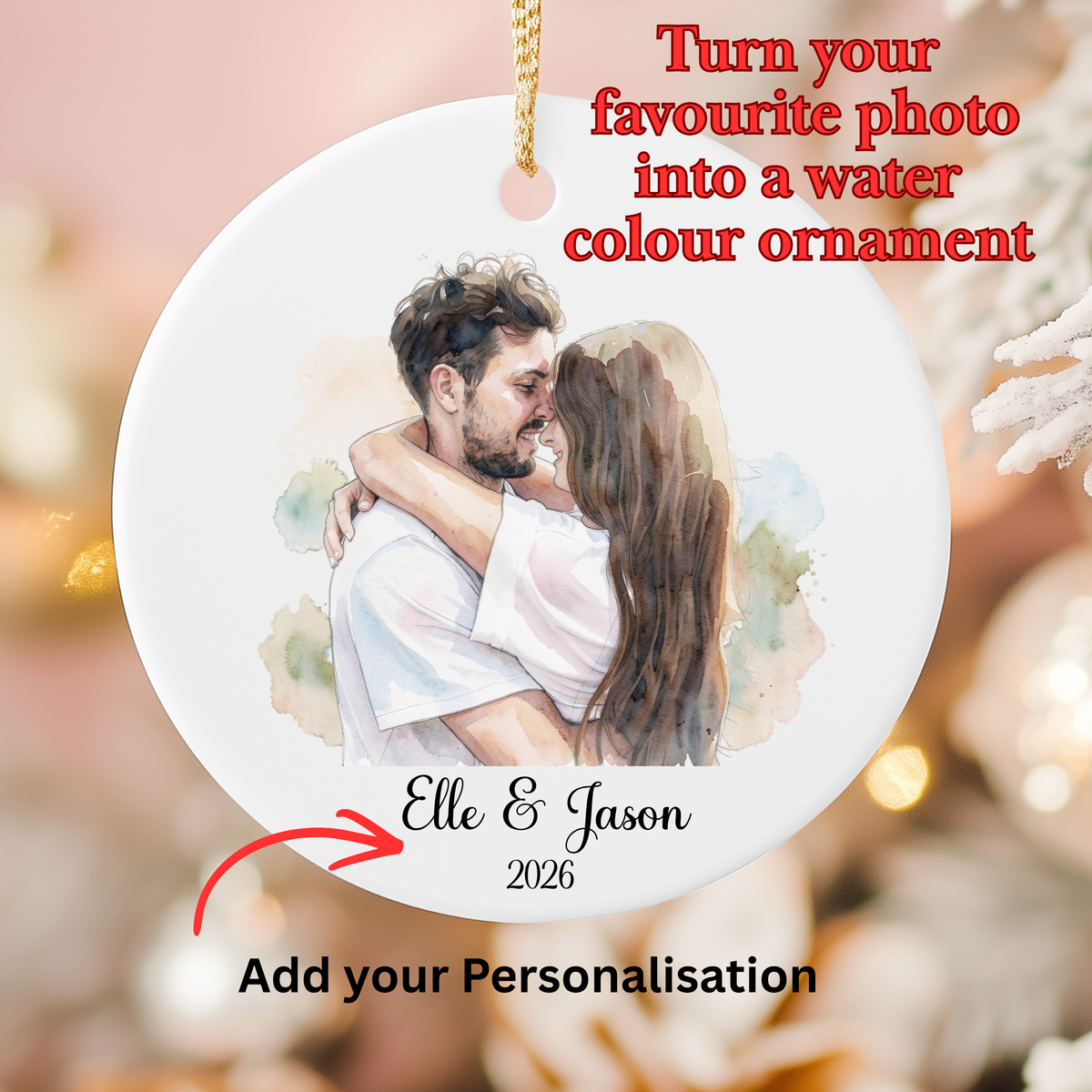 Custom Watercolour Couple & Engagement Ornament | Personalised Keepsake