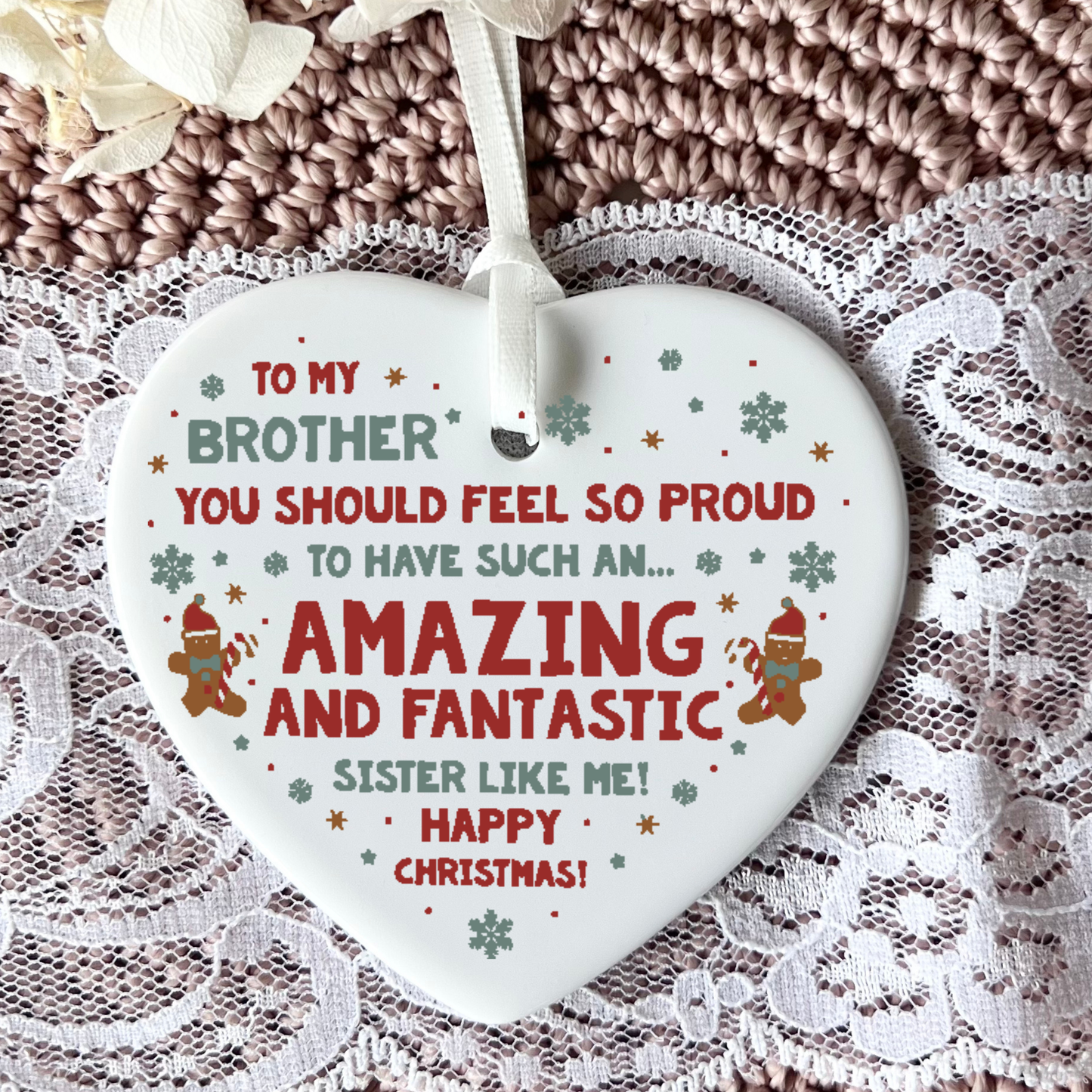 Funny Brother Christmas Ceramic Heart Ornament – Amazing Sister Gift Keepsake Decoration
