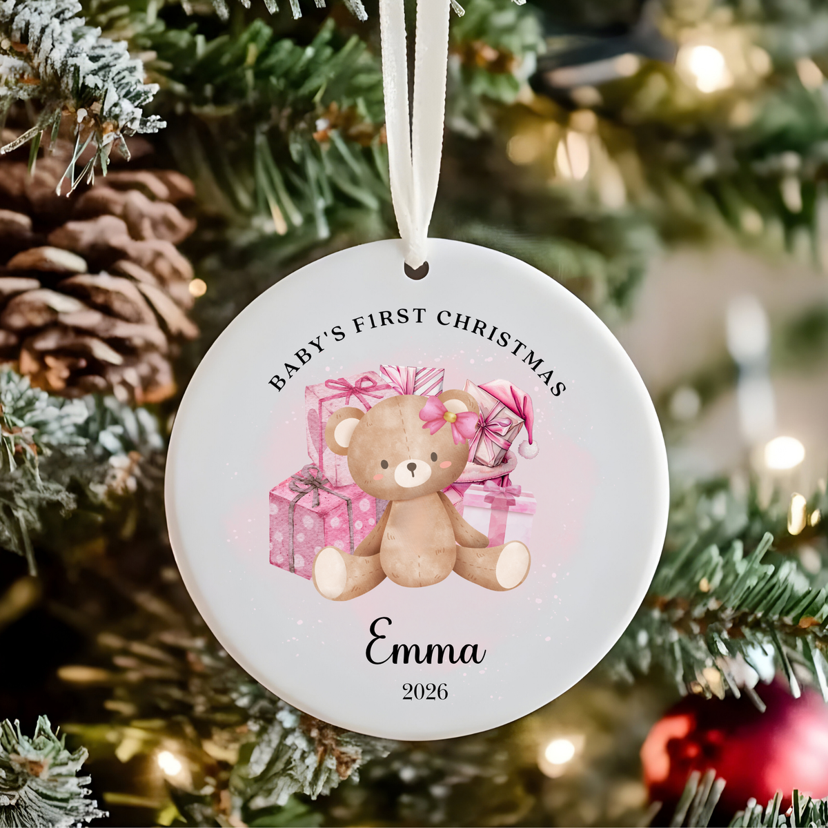 Personalised "Baby's First Christmas" Pink Teddy Bear Ceramic Ornament | Custom Baby Keepsake Gift