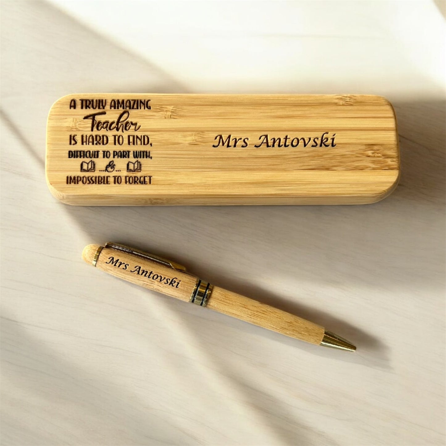 Teachers Gift Bamboo Engraved ball point black pen and case set Great gift Idea