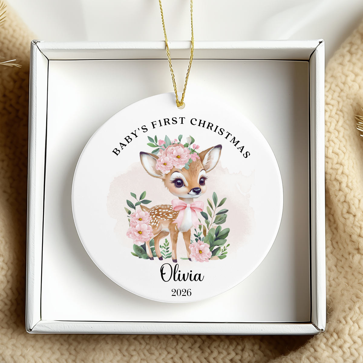 Personalised "Baby's First Christmas" Floral Deer Ceramic Ornament | Custom Baby Keepsake Gift