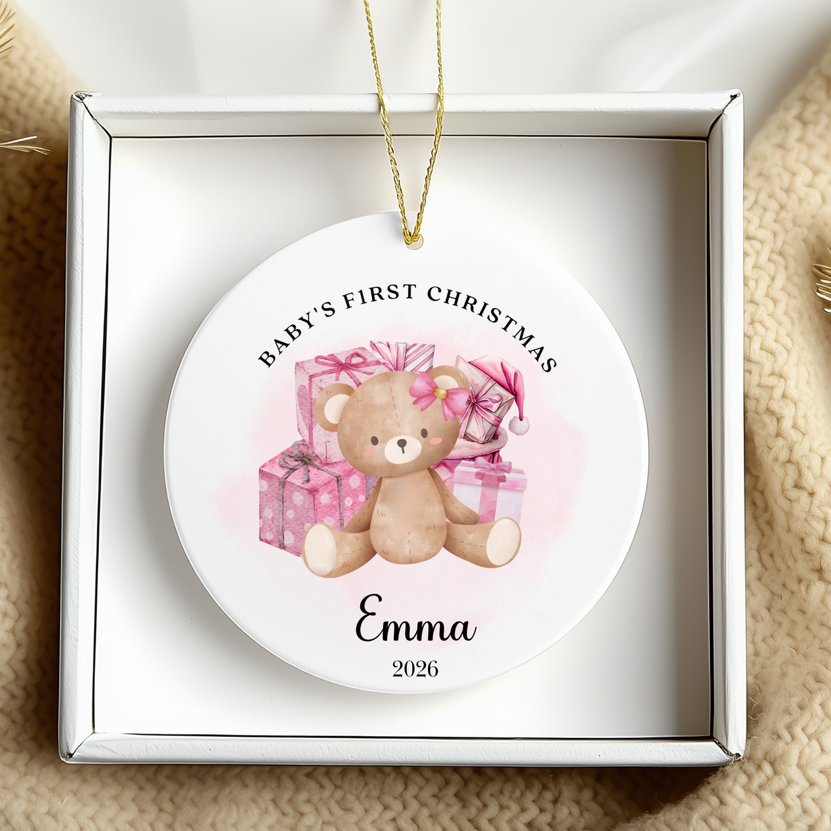 Personalised "Baby's First Christmas" Pink Teddy Bear Ceramic Ornament | Custom Baby Keepsake Gift