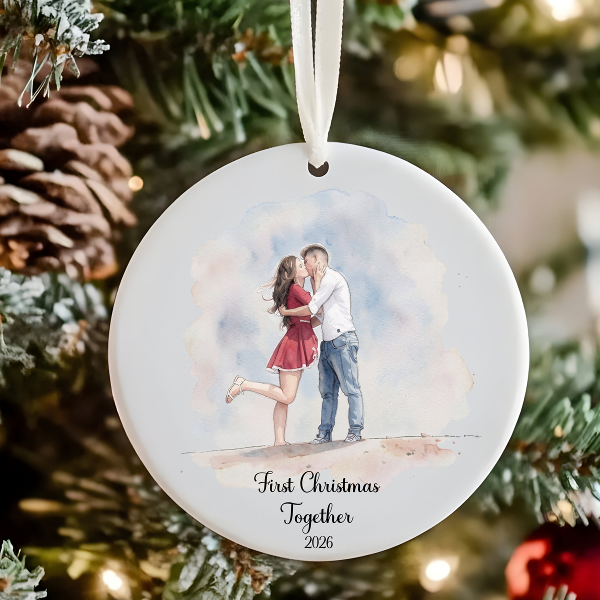 Custom Watercolour Couple & Engagement Ornament | Personalised Keepsake