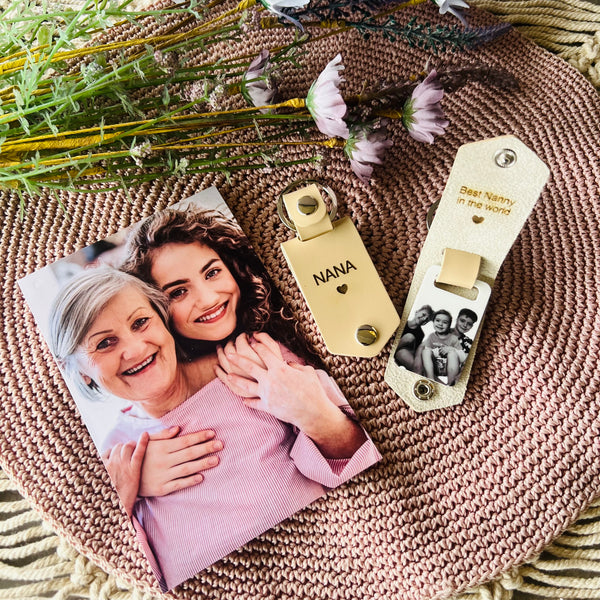 Personalised leather photo key ring engraved for mum