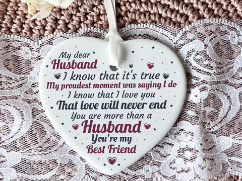 Husband Keepsake, Ceramic Heart Poem, Valentine's Day Gift, Romantic Gift for Him, Sentimental Keepsake, Love Poem Decoration, Unique Gift for Husband, Heartfelt Gift Idea, Special Occasion Present, Thoughtful Valentine's Gift.