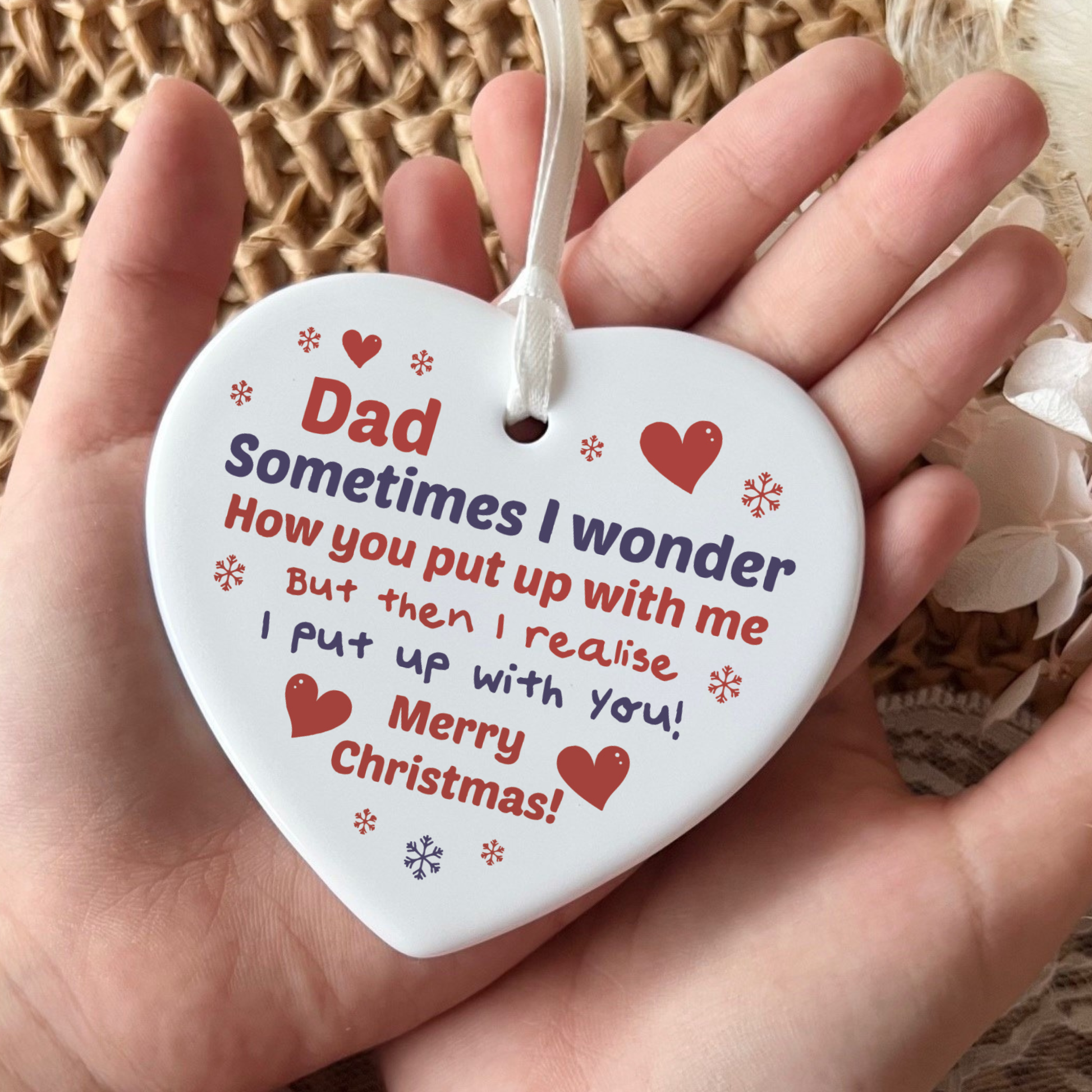 Funny Dad Christmas ceramic heart ornament with humorous quote hanging decoration featuring red hearts and snowflakes