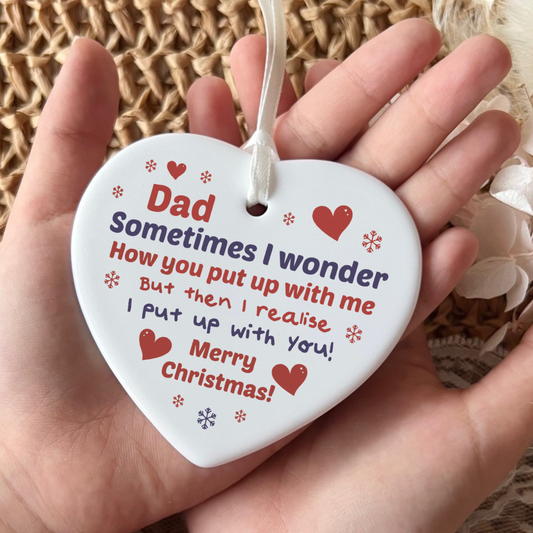 Funny Dad Christmas ceramic heart ornament with humorous quote hanging decoration featuring red hearts and snowflakes