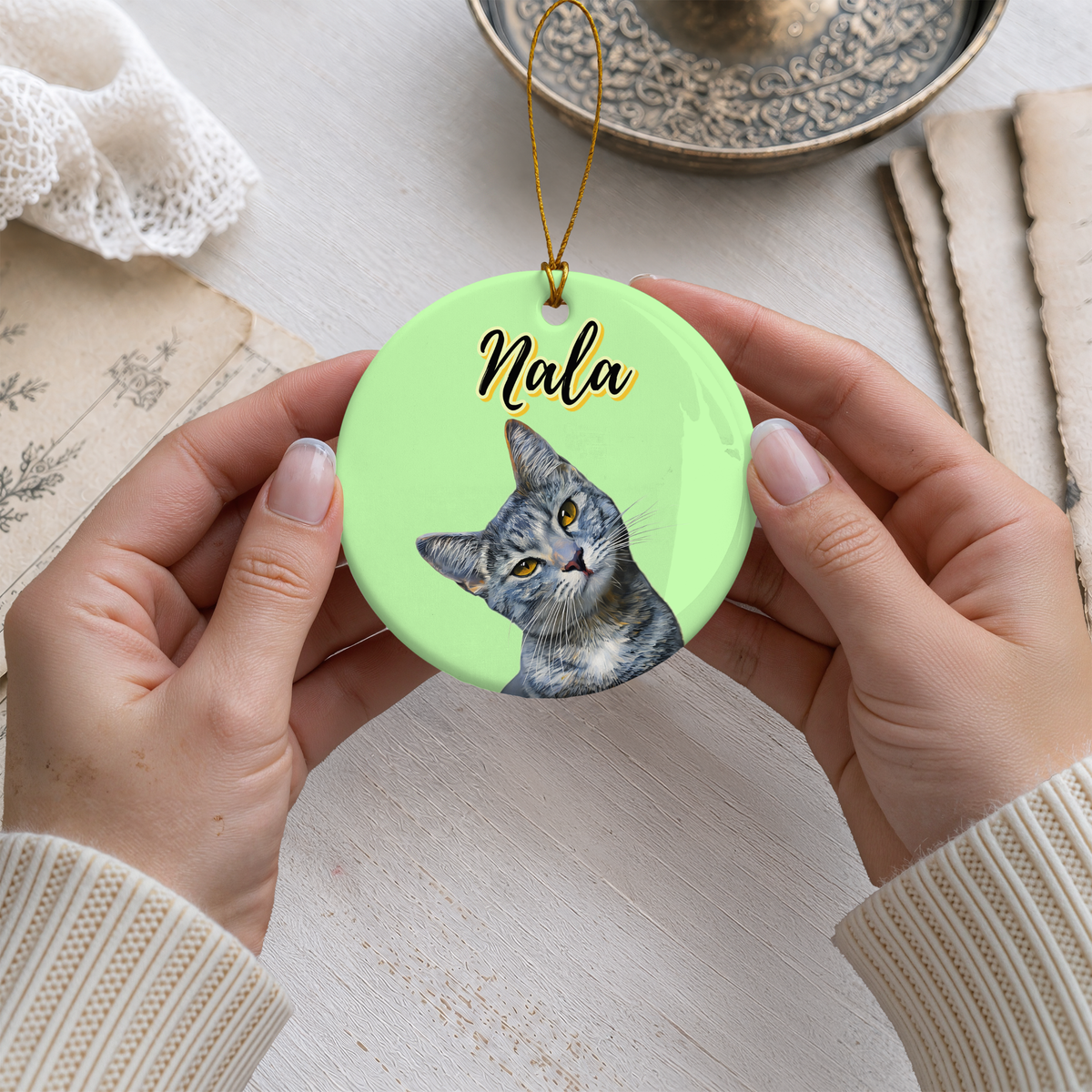 Custom Oil-Paint Effect Pet Portrait Ceramic Ornament | Personalised Dog & Cat Christmas Tree Decoration