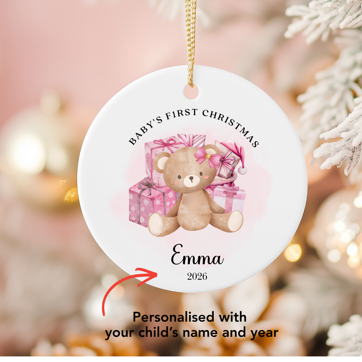 Personalised "Baby's First Christmas" Pink Teddy Bear Ceramic Ornament | Custom Baby Keepsake Gift
