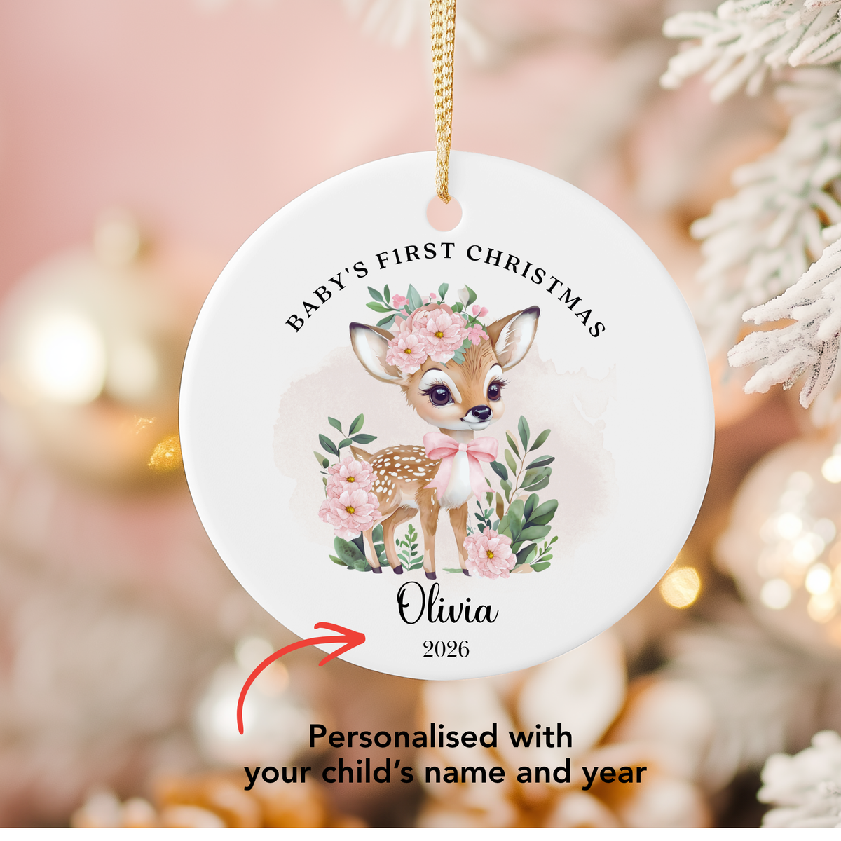 Personalised "Baby's First Christmas" Floral Deer Ceramic Ornament | Custom Baby Keepsake Gift