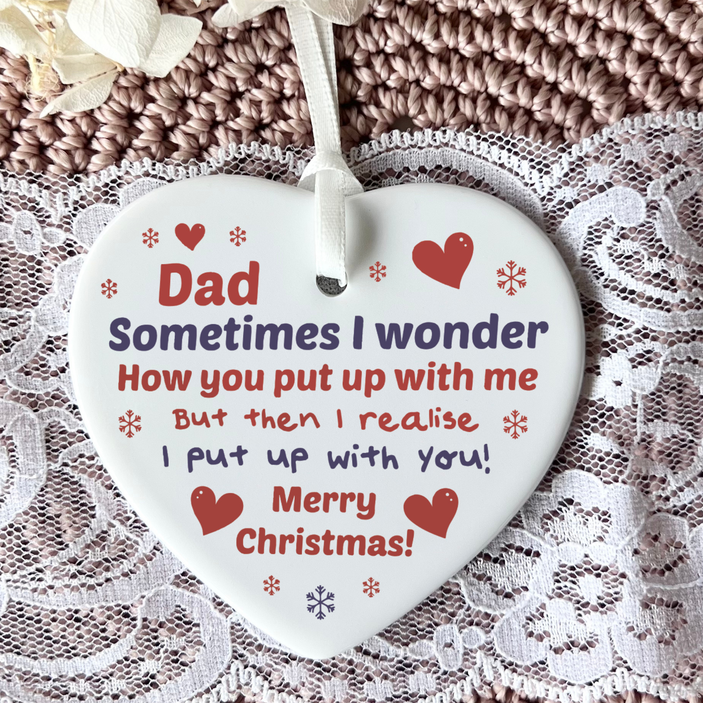 Funny Dad Christmas ceramic heart ornament with humorous quote hanging decoration featuring red hearts and snowflakes