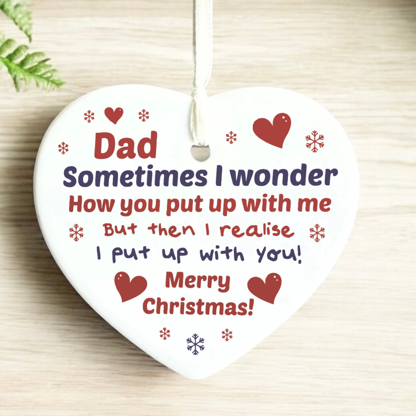 Funny Dad Christmas ceramic heart ornament with humorous quote hanging decoration featuring red hearts and snowflakes
