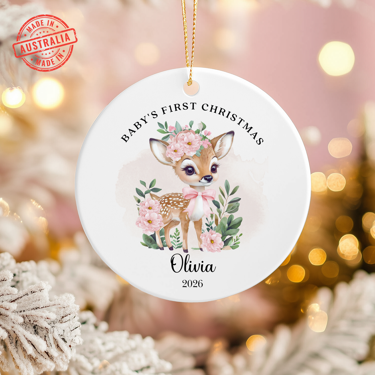 Personalised "Baby's First Christmas" Floral Deer Ceramic Ornament | Custom Baby Keepsake Gift
