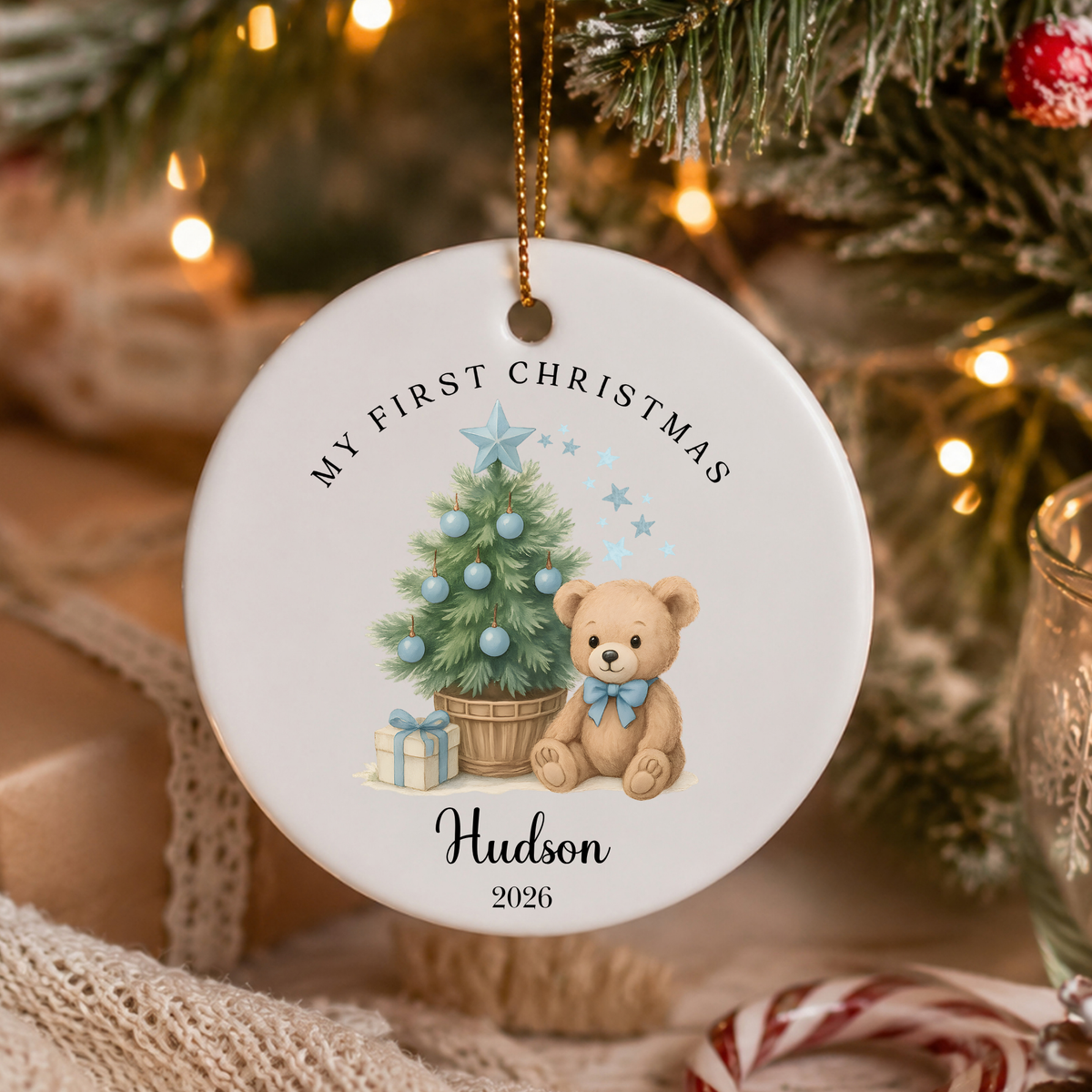 Personalised "My First Christmas" Christmas Tree Teddy Bear Ceramic Ornament | Custom Baby Keepsake Gift