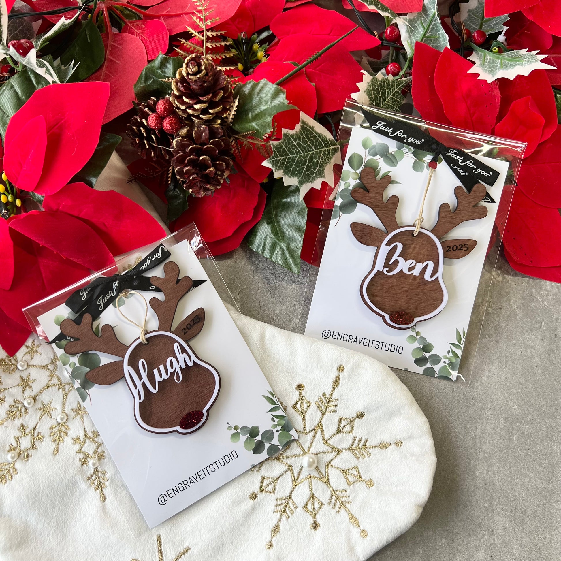 Personalised reindeer gift tags | Wood reindeer Ornaments | Custom stocking tag | wood and acrylic | laser cut | handcrafted