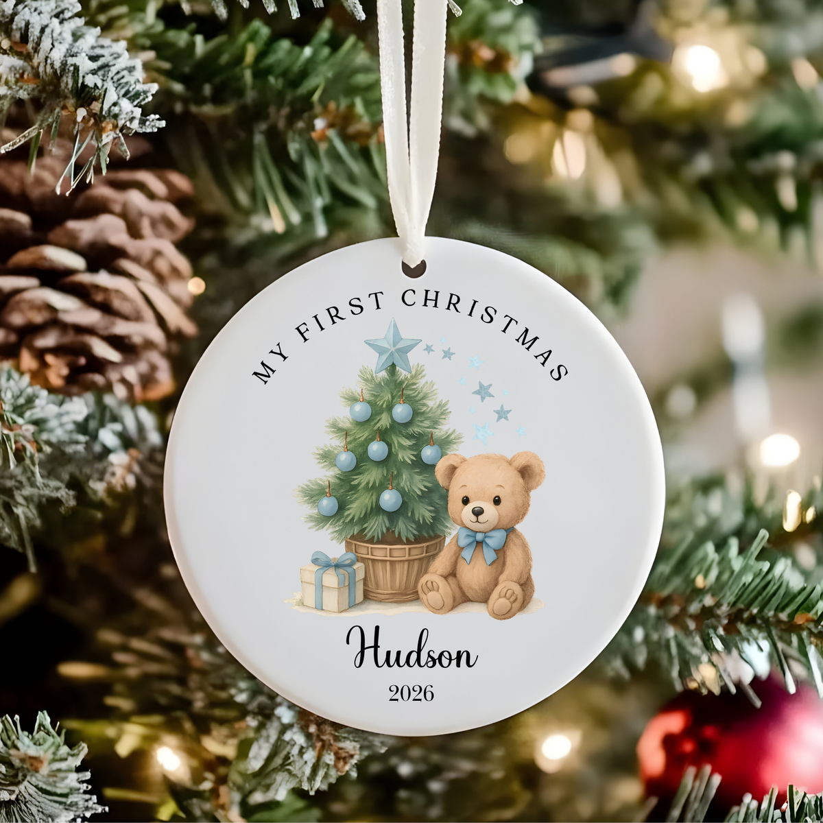 Personalised "My First Christmas" Christmas Tree Teddy Bear Ceramic Ornament | Custom Baby Keepsake Gift