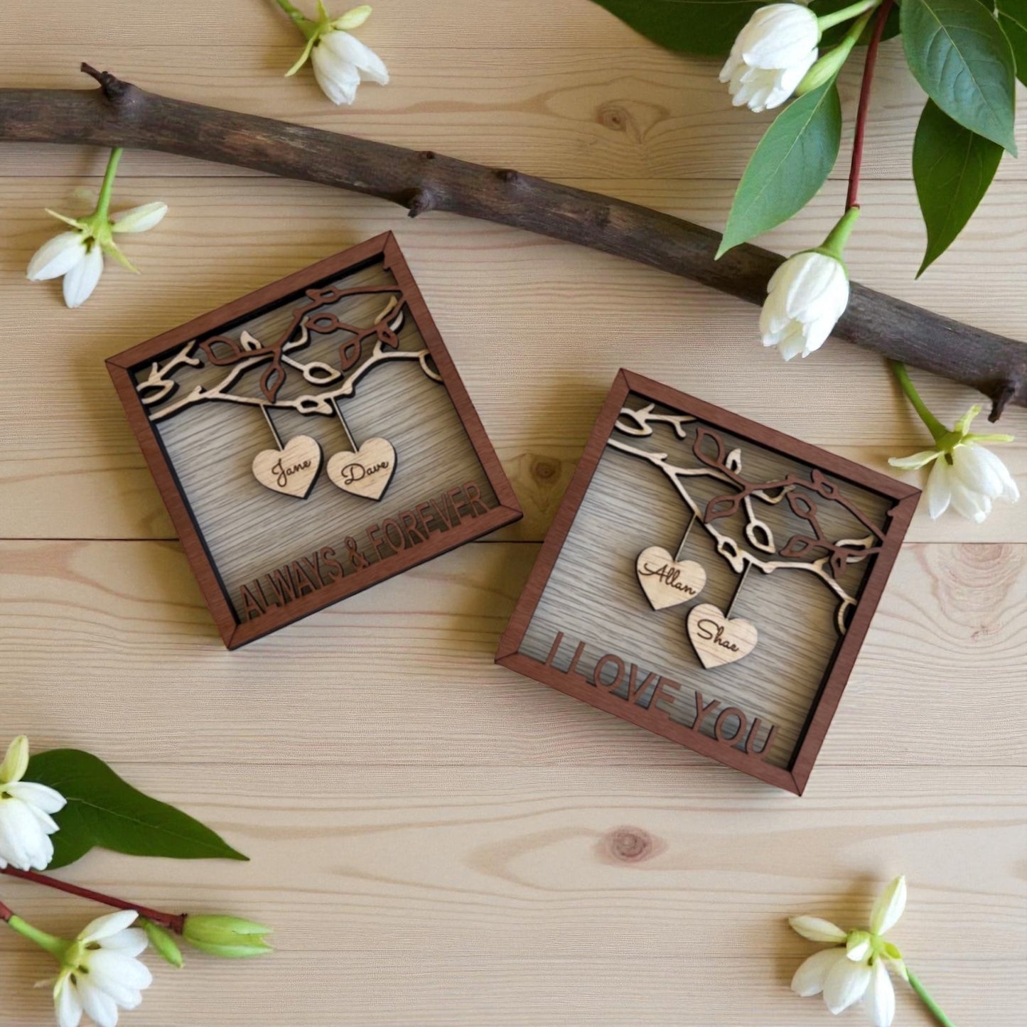 Couples Personalised engraved heart frames with mini easel