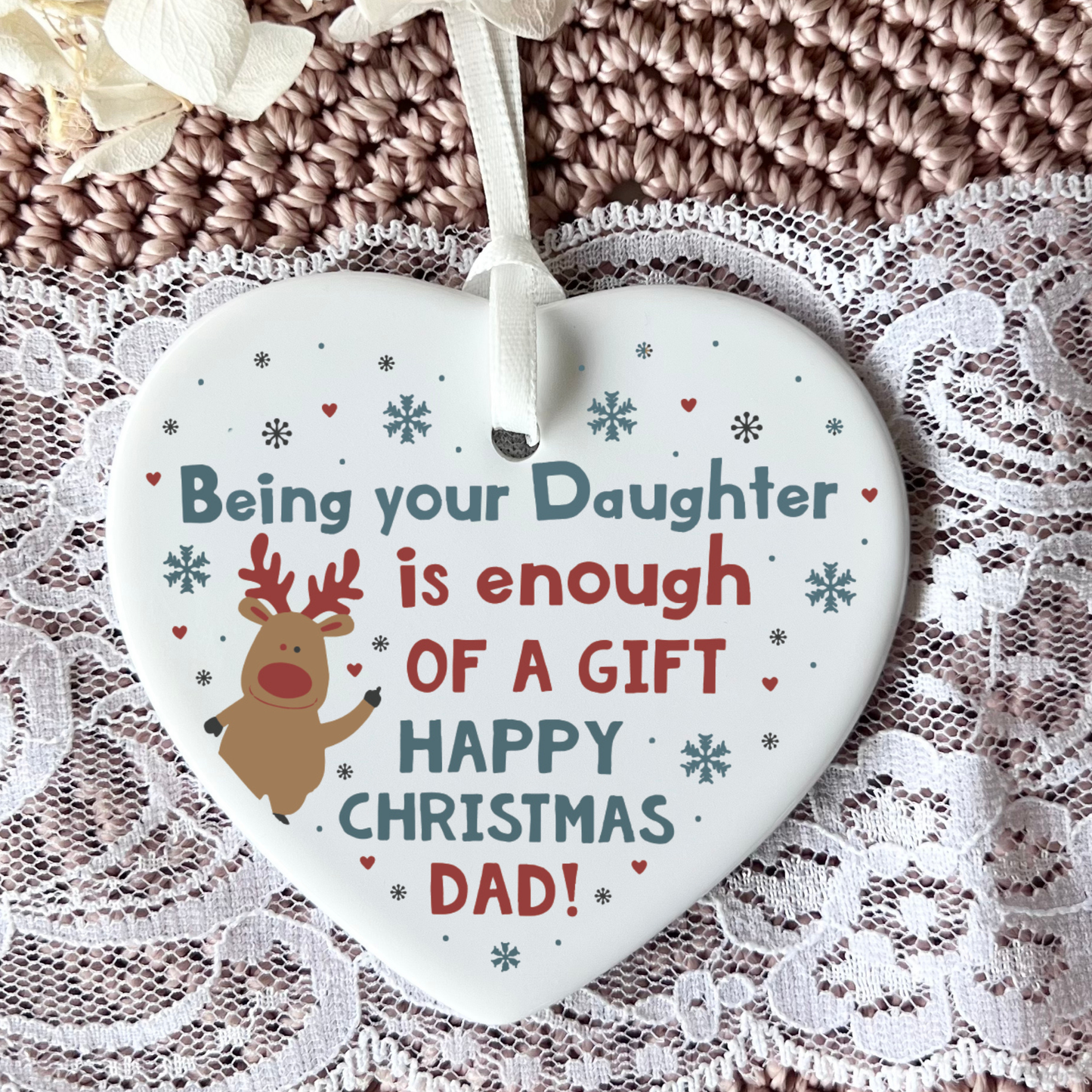Funny Christmas Gift for Dad from Daughter – Ceramic Heart Hanging Ornament Keepsake