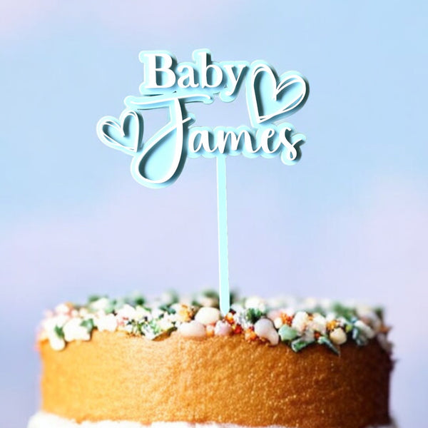 Double layer Acrylic baby Shower cake topper 2 hearts | surname cake topper