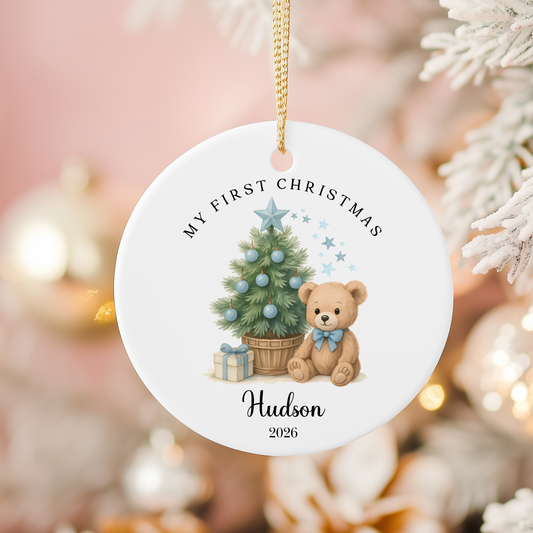 Personalised "My First Christmas" Christmas Tree Teddy Bear Ceramic Ornament | Custom Baby Keepsake Gift