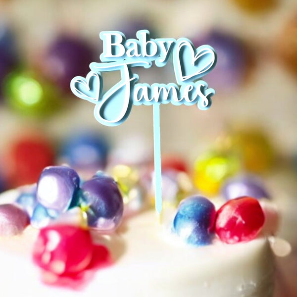 Double layer Acrylic baby Shower cake topper 2 hearts | surname cake topper