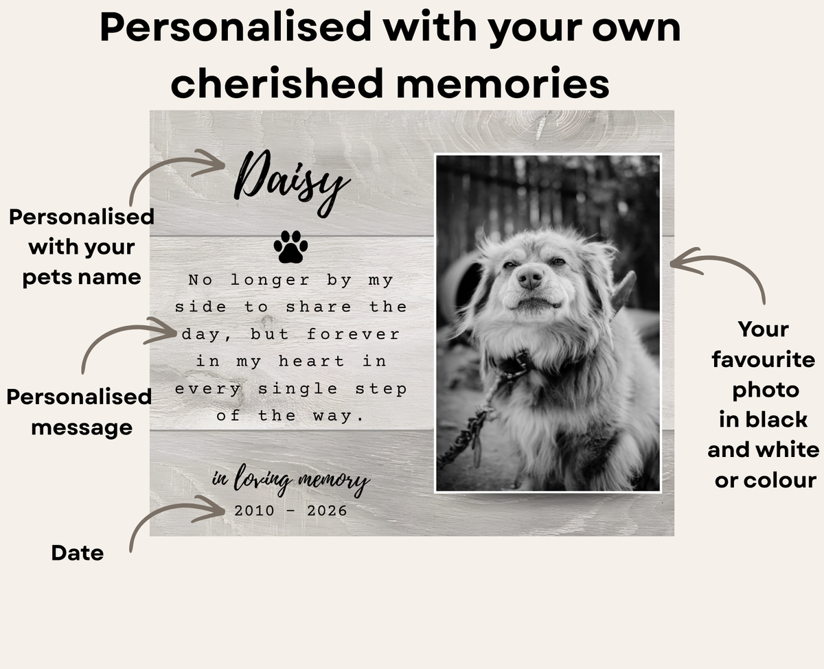 Customizable memorial pet photo print template with editable text fields, a sample black-and-white dog portrait, and arrows pointing to personalization options such as pet name, memorial message, date, and photo color.