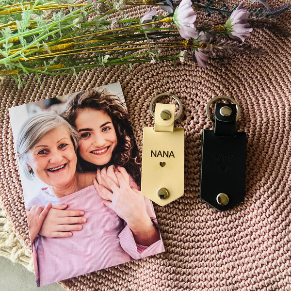 Personalised leather photo key ring engraved for mum