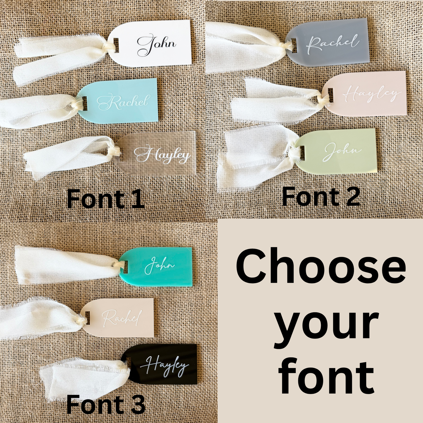 Personalised Acrylic Name Tags with Ribbon - Custom Wedding Favours & Place Cards
