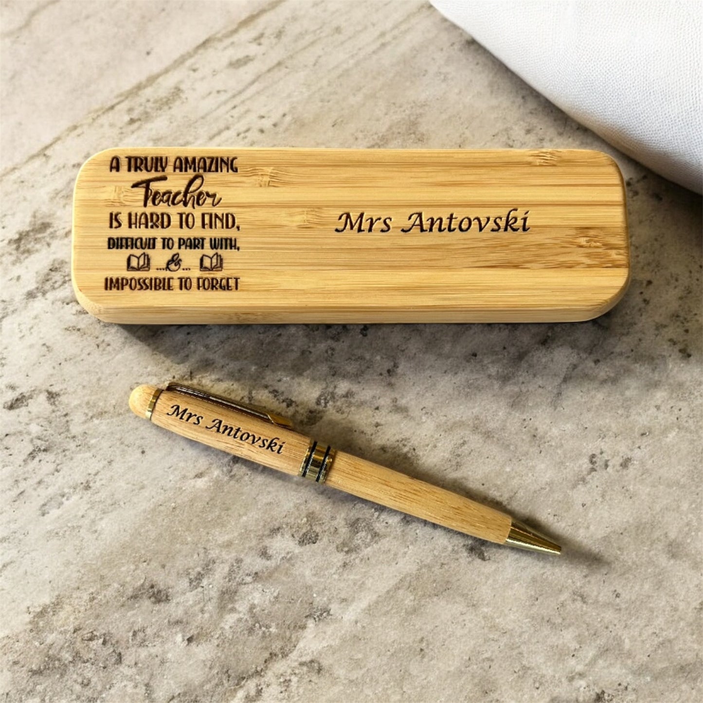 Teachers Gift Bamboo Engraved ball point black pen and case set Great gift Idea