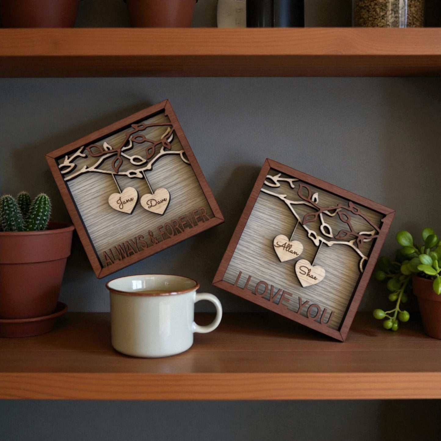 Couples Personalised engraved heart frames with mini easel