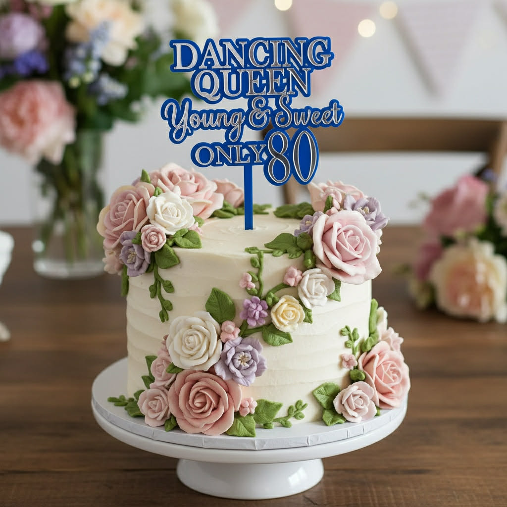 Personalised 80th Birthday Dancing Queen Cake Topper in Sky Blue with Silver Layered Writing