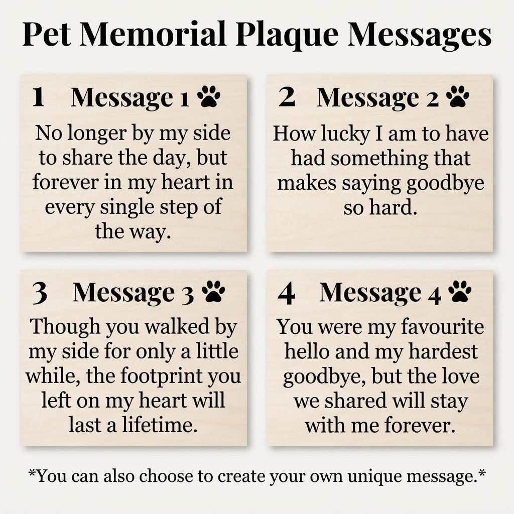 A product display showing four customizable pet memorial plaque options with printed sample messages on a light beige wood-grain background, set against a solid white background.