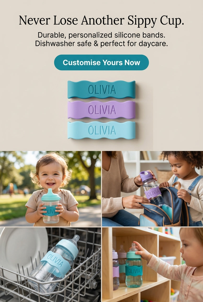 Personalised Silicone Bottle Bands | Custom Name Cup Labels for Kids | Sippy Cup & Water Bottle Name Bands | Daycare & School Gift