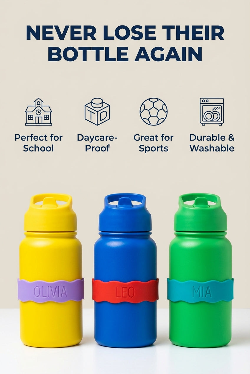 Personalised Silicone Bottle Bands | Custom Name Cup Labels for Kids | Sippy Cup & Water Bottle Name Bands | Daycare & School Gift
