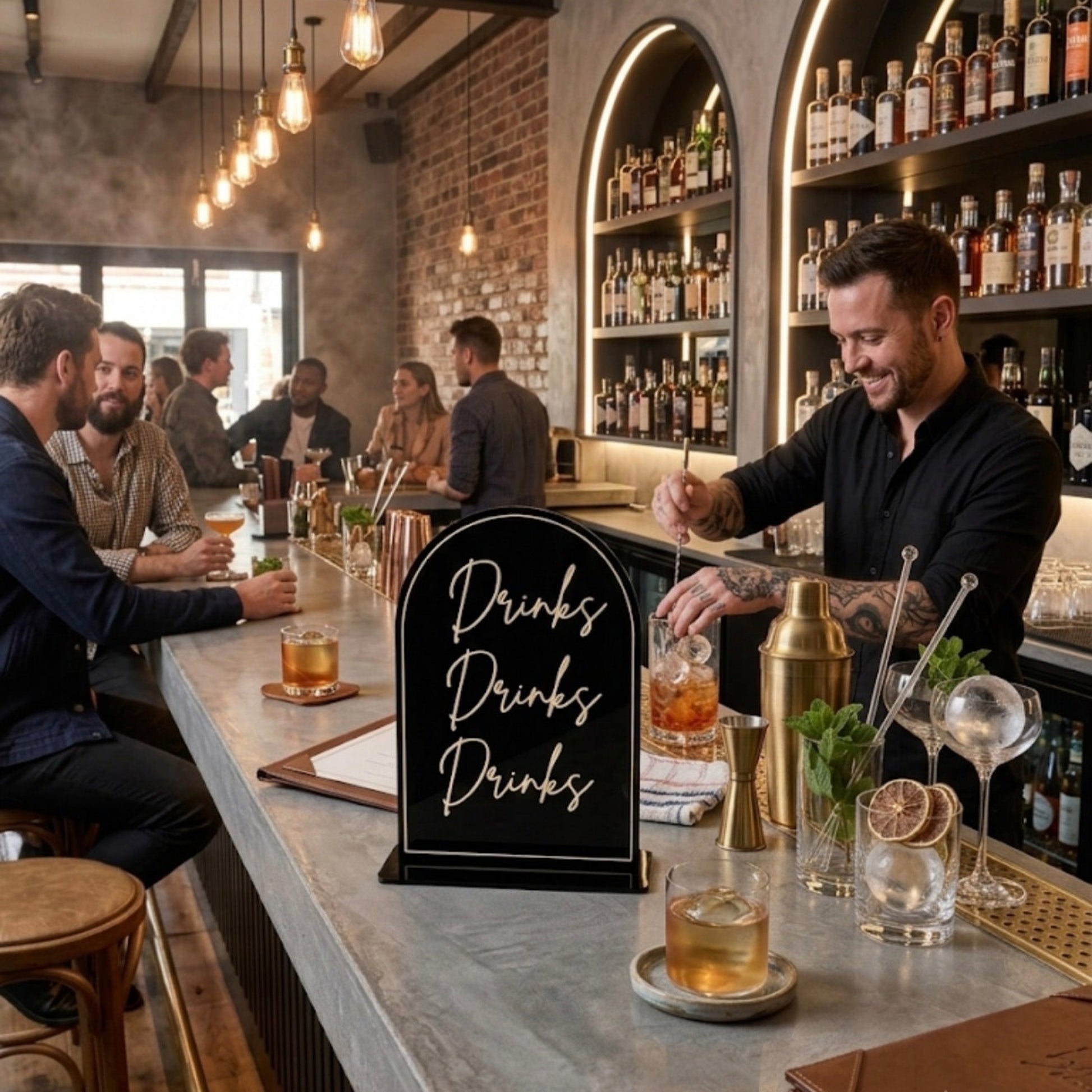 A bar scene in a restaurant or barbershop with multiple people seated and a bartender preparing a drink behind a gray stone counter. A black sign on the counter reads 'Drinks Drinks Drinks' in white script.