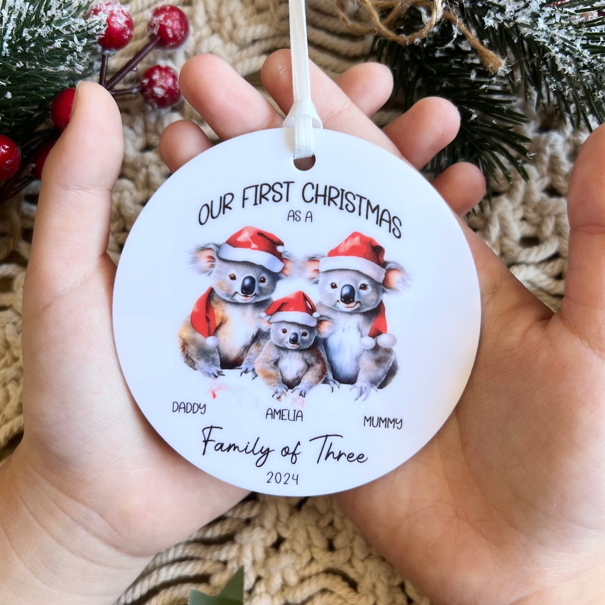 First Christmas as a  family of 3 personalised ornament koala themed acrylic