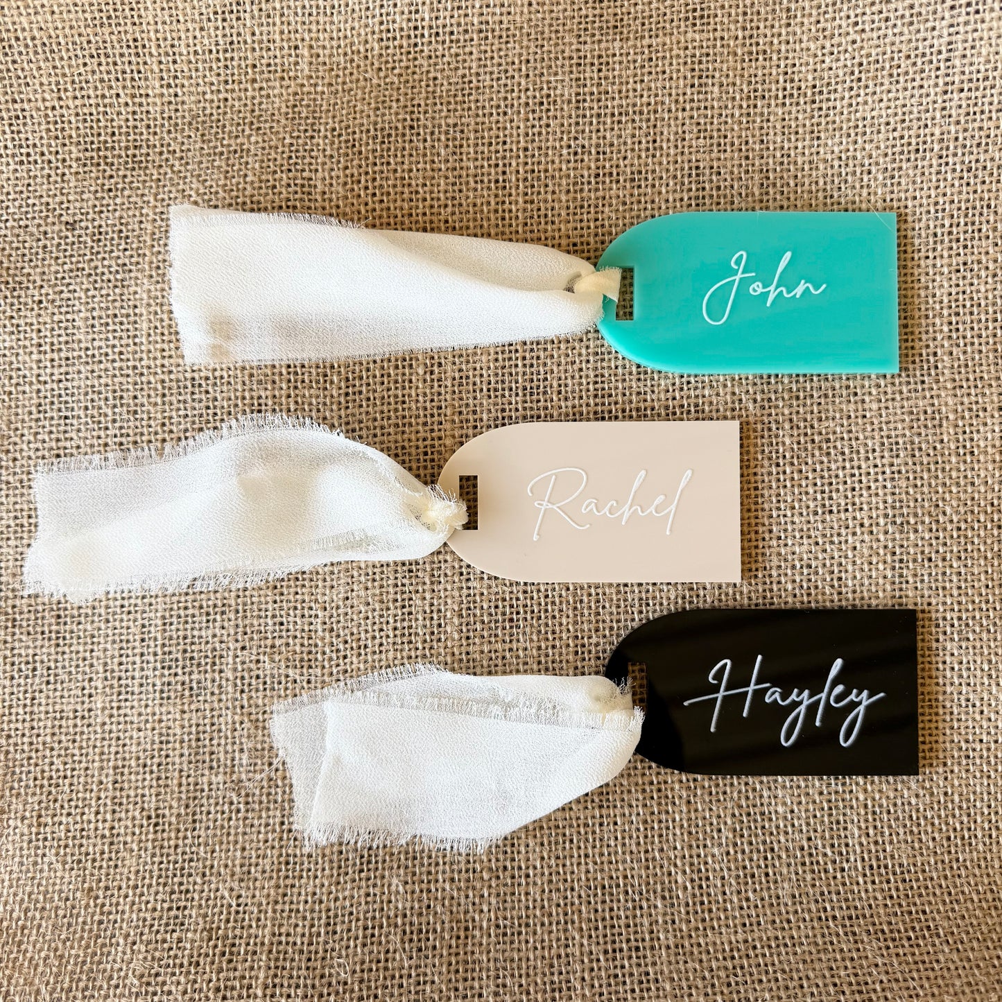 Personalised Acrylic Name Tags with Ribbon - Custom Wedding Favours & Place Cards