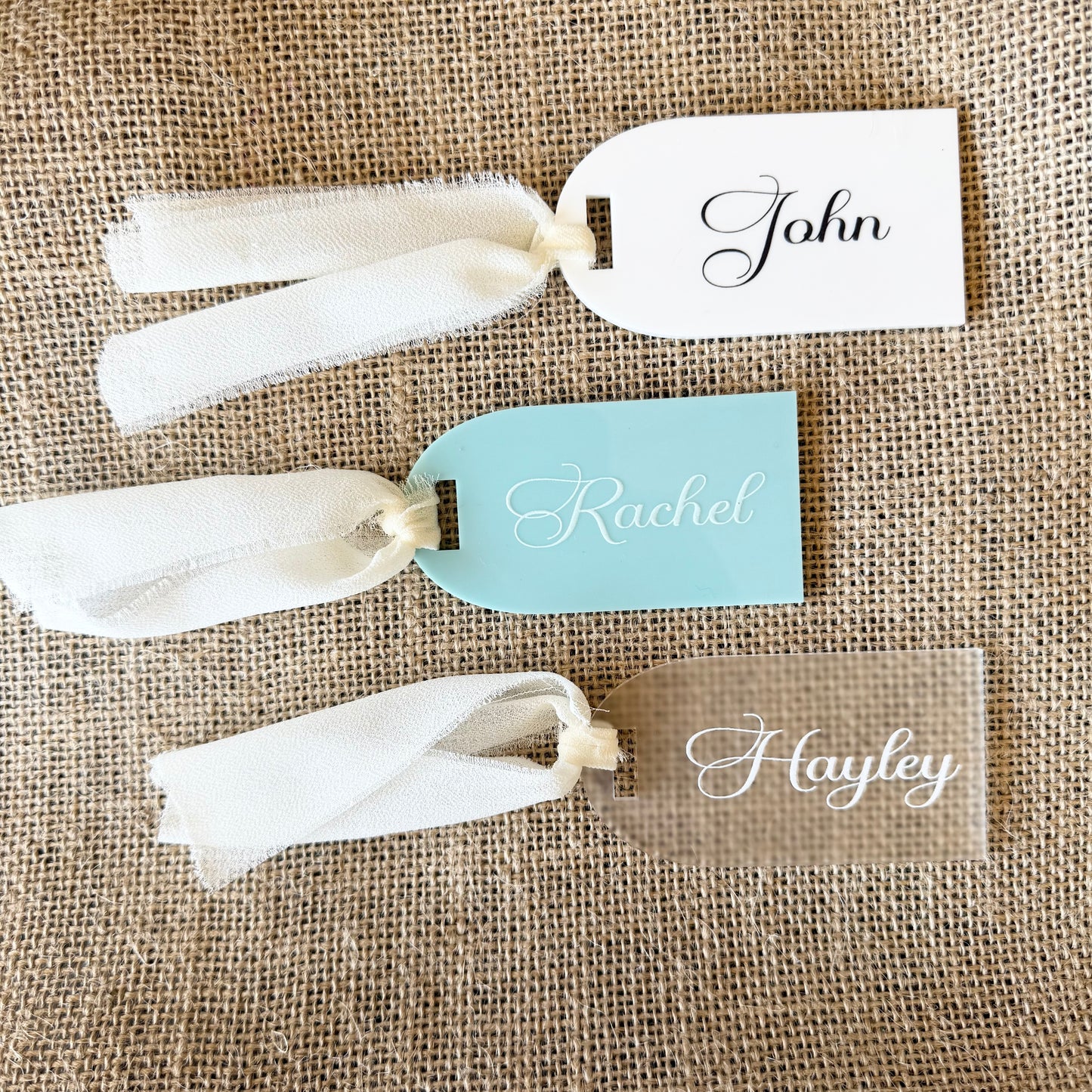 Personalised Acrylic Name Tags with Ribbon - Custom Wedding Favours & Place Cards