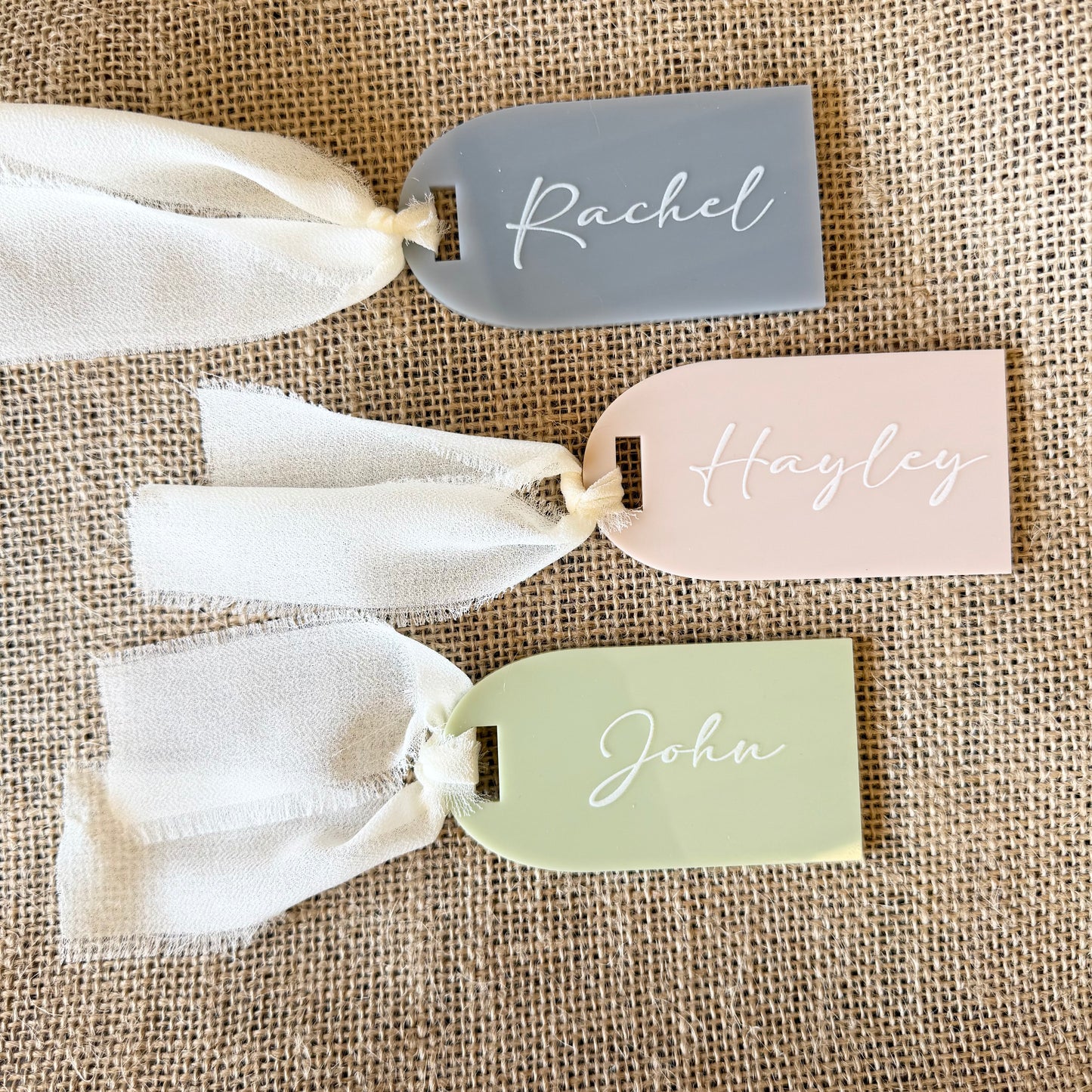 Personalised Acrylic Name Tags with Ribbon - Custom Wedding Favours & Place Cards