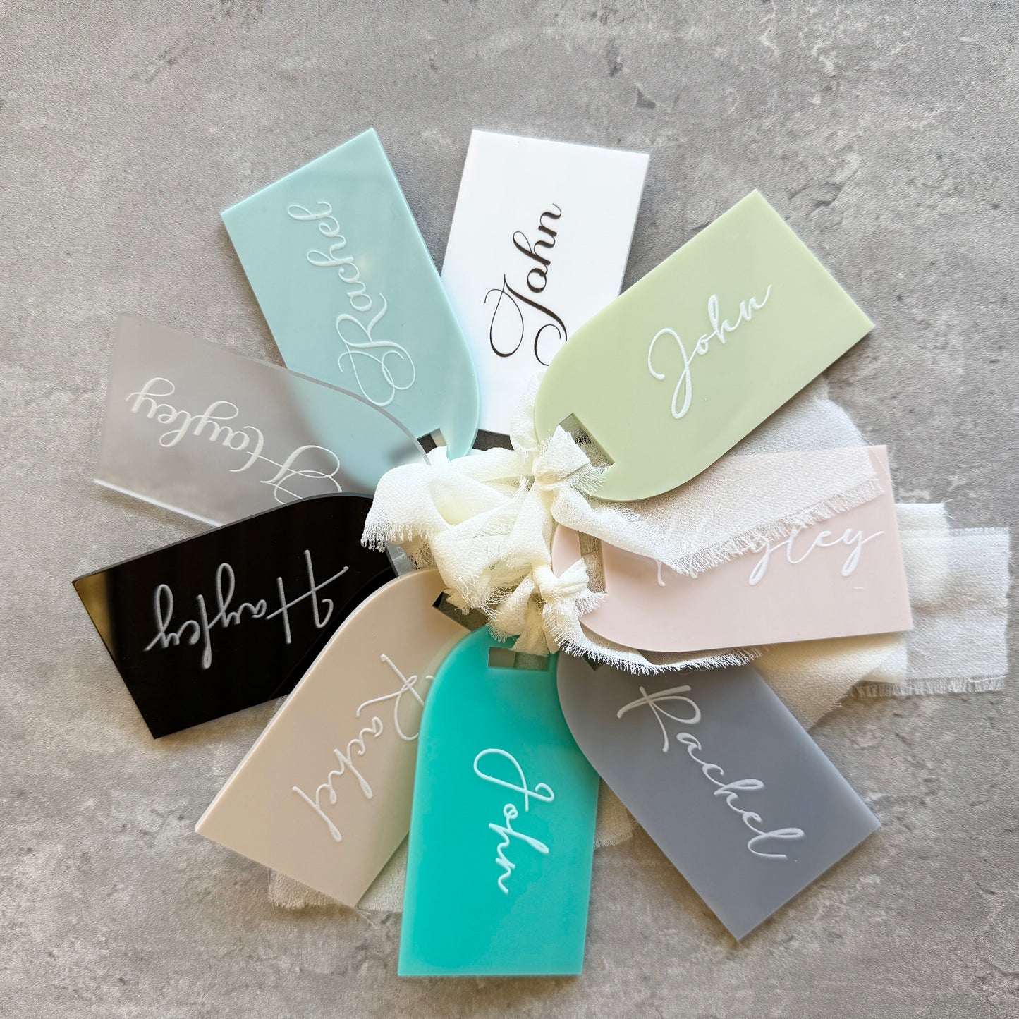 Personalised Acrylic Name Tags with Ribbon - Custom Wedding Favours & Place Cards