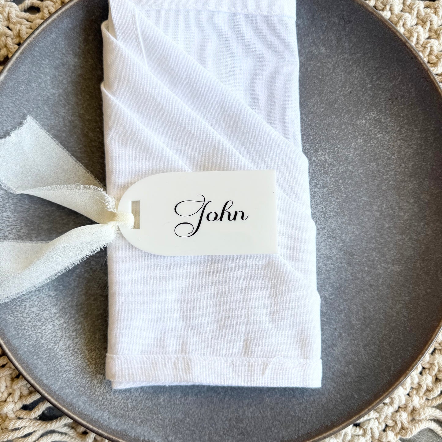 Personalised Acrylic Name Tags with Ribbon - Custom Wedding Favours & Place Cards