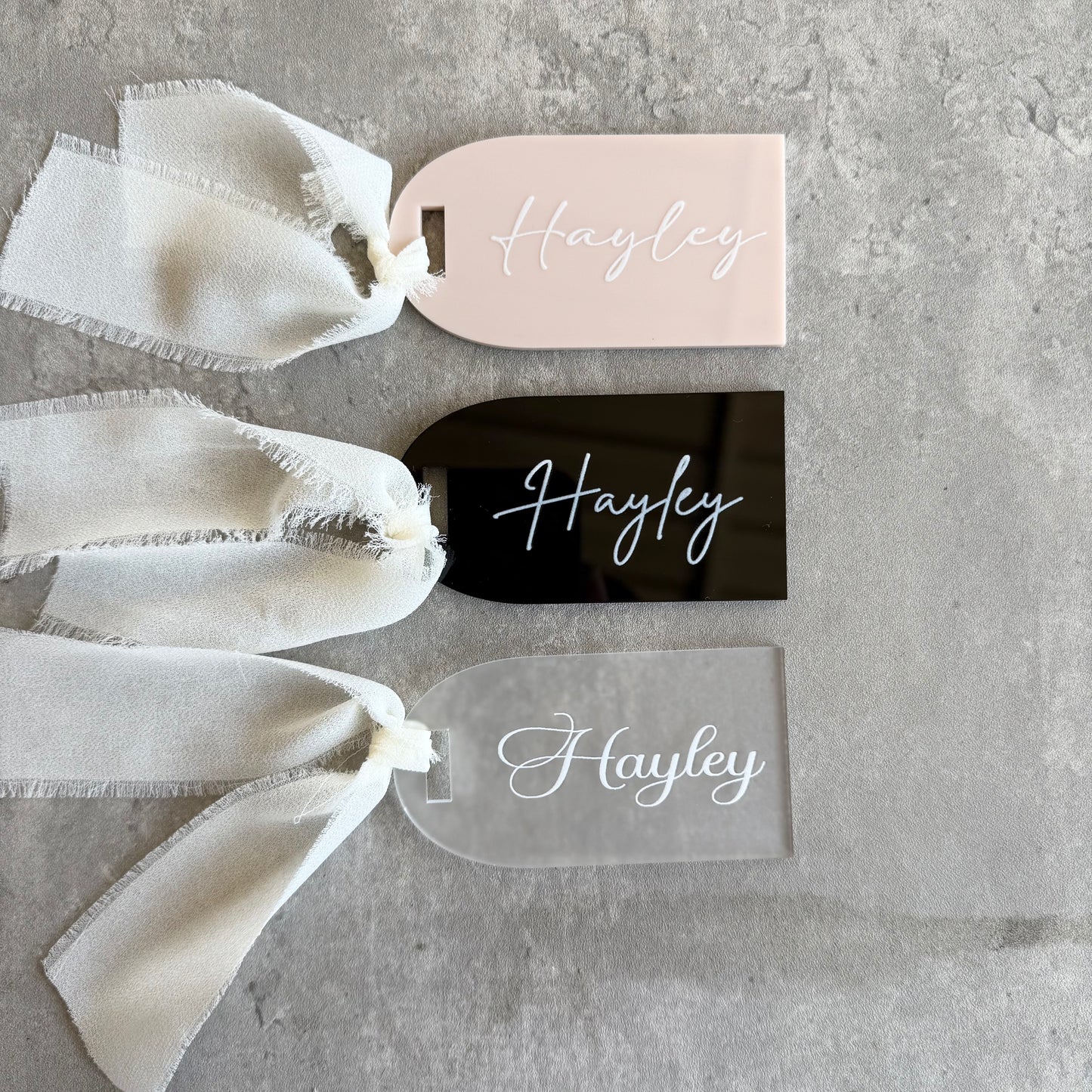 Personalised Acrylic Name Tags with Ribbon - Custom Wedding Favours & Place Cards
