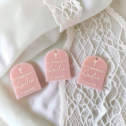Personalised Mini Colour Acrylic Arch Tags | Custom Engraved Name Tags for Baptism, Christening & Wedding Favours