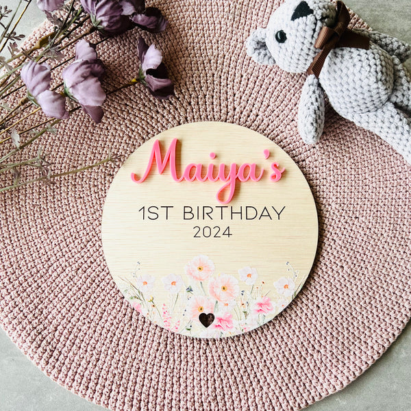 Personalised First birthday plaque photo prop wild flowers