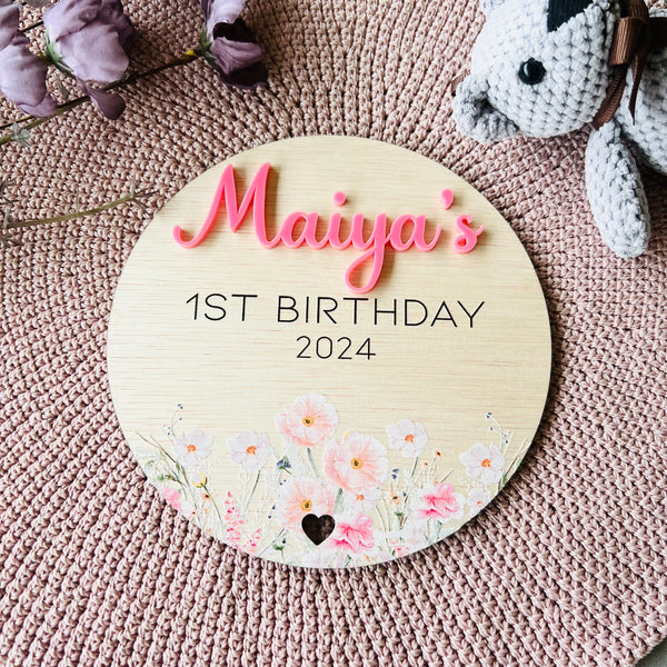 Personalised First birthday plaque photo prop wild flowers