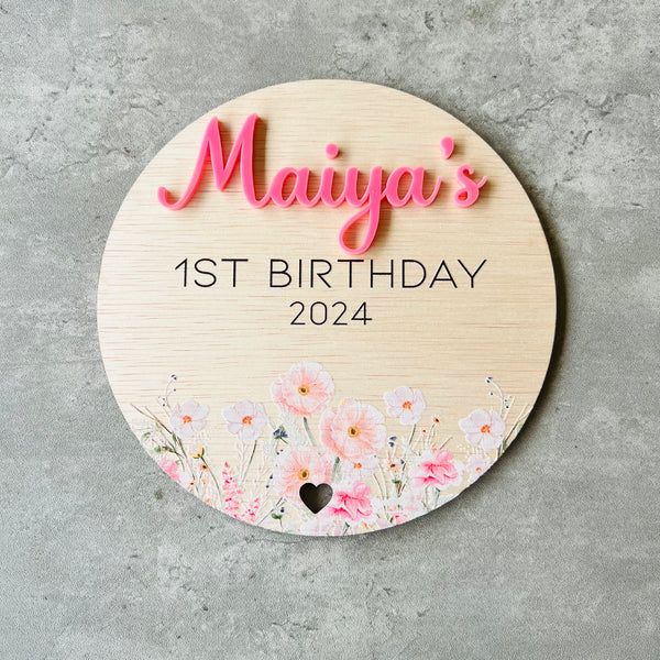 Personalised First birthday plaque photo prop wild flowers