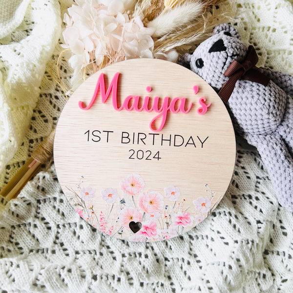 Personalised First birthday plaque photo prop wild flowers