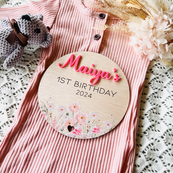 Personalised First birthday plaque photo prop wild flowers